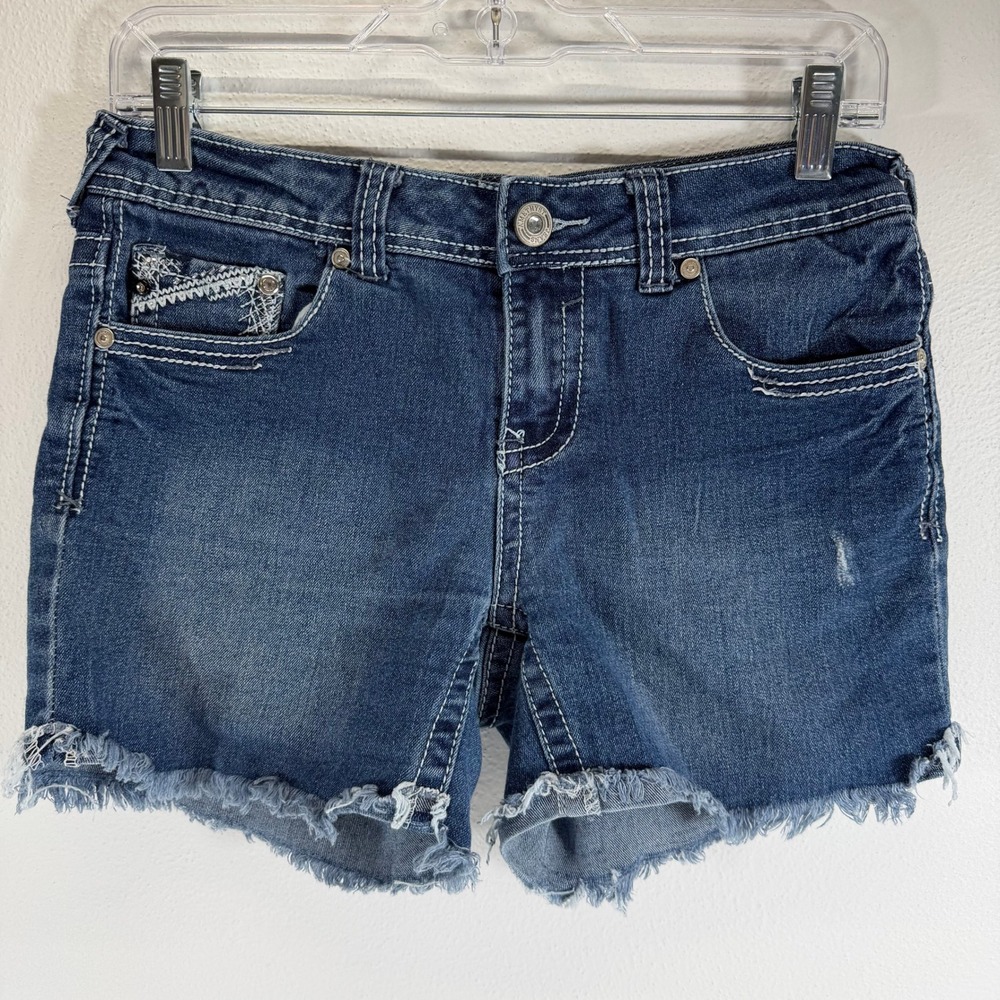 Amethyst Emma Denim Shorts Womens 7 Medium Wash Embroidered Cut Off Frayed Hem